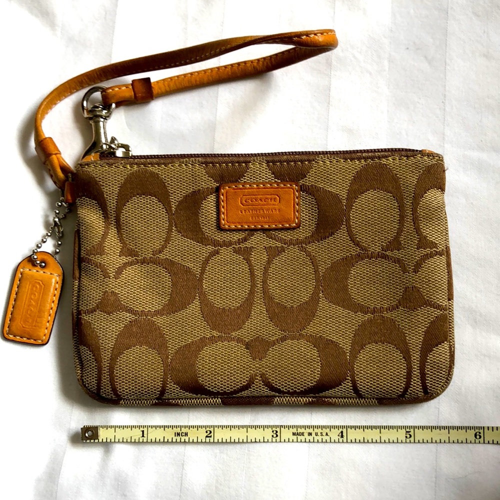 Vintage Coach Wristlet Coin Purse in Tan Brown Signature Canvas & leather strap